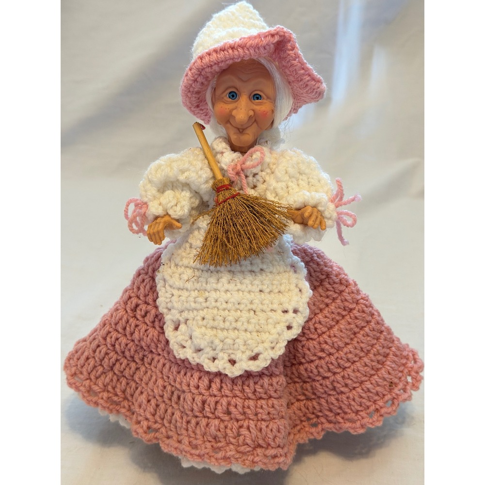 Vintage Handmade Crochet Kitchen Witch Doll Pink White Folk Art 10 Inch